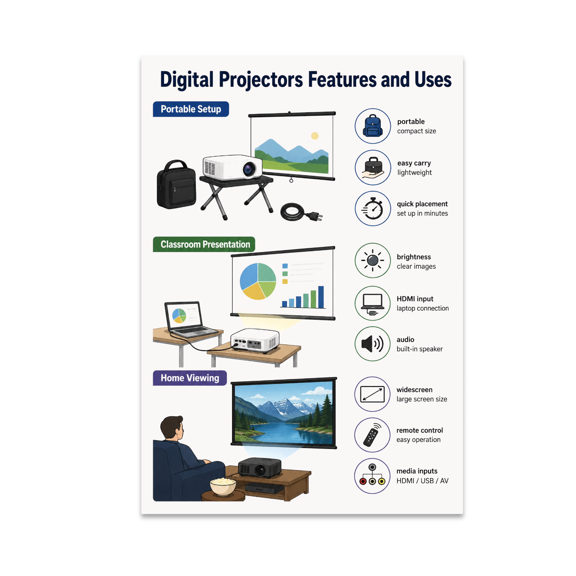 Digital Projectors Features and Uses Poster, Classrooms, Offices, Tech Workshops, and Digital Learning Environments, 13x19 Glossy Paper