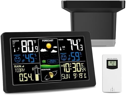 Digital Rain Gauge and Weather Station, Wireless Rain Gauge Outdoor, Home Weather Stations Wireless Indoor Outdoor with Thermometer, Barometer, Hygrometer, Atomic Clock, Weather Forecast and Alerts