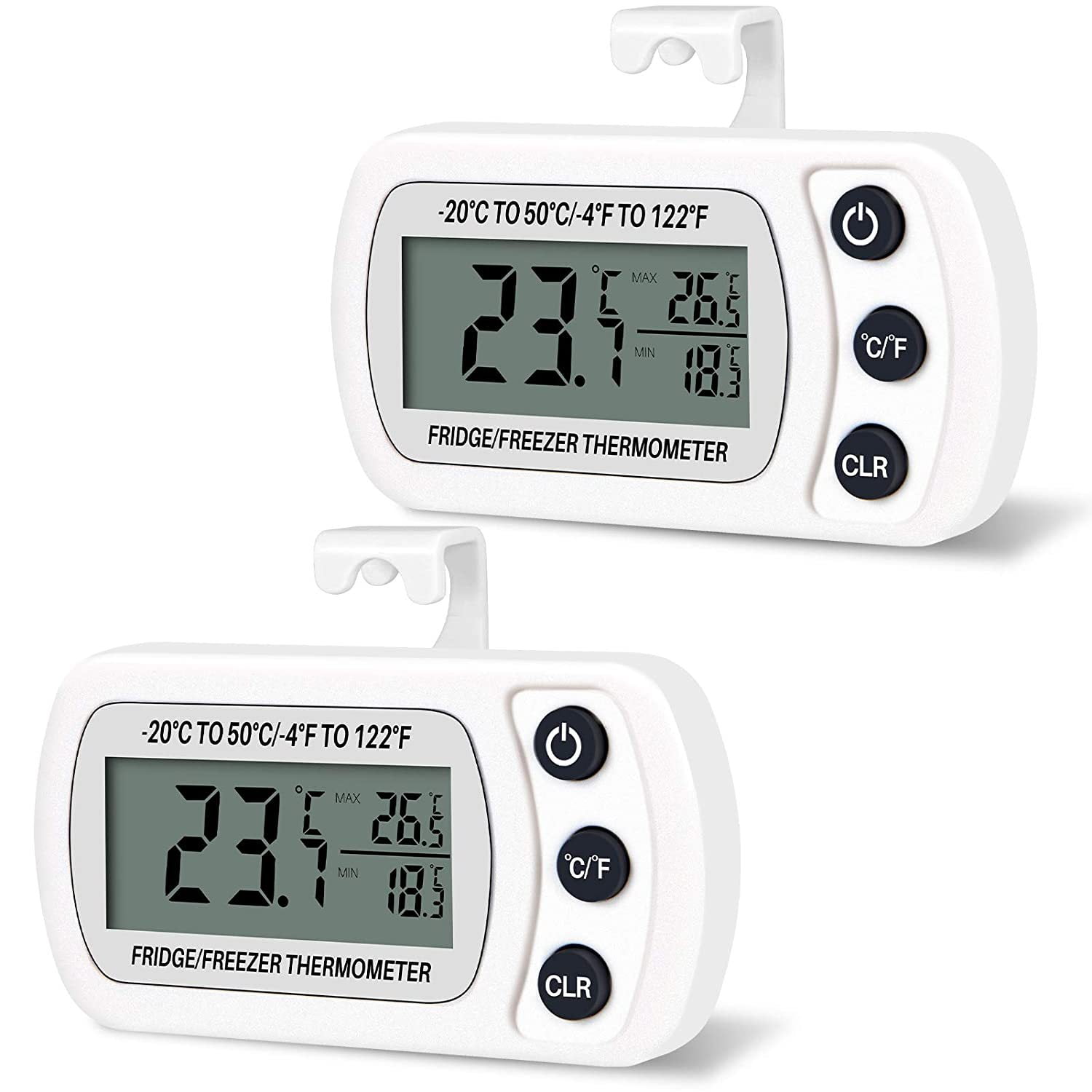 Digital Refrigerator Thermometer 2-Pack Refrigerator Freezer Thermometer Waterproof Large LCD Display Max/Min Recording Function, White,white-2 pieces