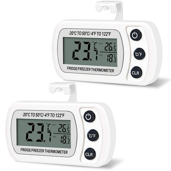 Digital Refrigerator Thermometer 2-Pack Refrigerator Freezer Thermometer Waterproof Large LCD Display Max/Min Recording Function,White,white-2 pieces