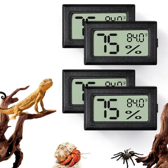 Digital Reptile Thermometer and Humidity Gauge for Terrariums with Adhesive Mounting 4 Pack Black