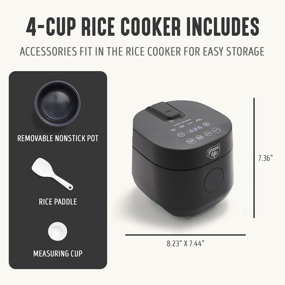 Digital Rice Cooker, 2-Cups Uncooked/4-Cups Cooked, Removable Nonstick Ceramic PFAS- Pot, One-Touch Presets, Oats, Quinoa, Brown Rice, Auto Warm, Fuzzy Logic Tech, 1.5QT, Black