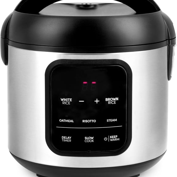 Digital Rice Cooker, 4-Cup (Uncooked) / 8-Cup (Cooked), Steamer, Multicooker, Slow Cooker, Oatmeal Cooker, Auto Keep Warm, 2 Qt, Stainless Steel Exterior