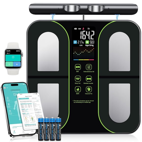 Digital Scales for Body Weight 8-Electrode Smart Bathroom Weight Scale with BMI BMR Fat Muscle Mass Composition Analysis VA Color Screen and Retractable Handle 400lbs