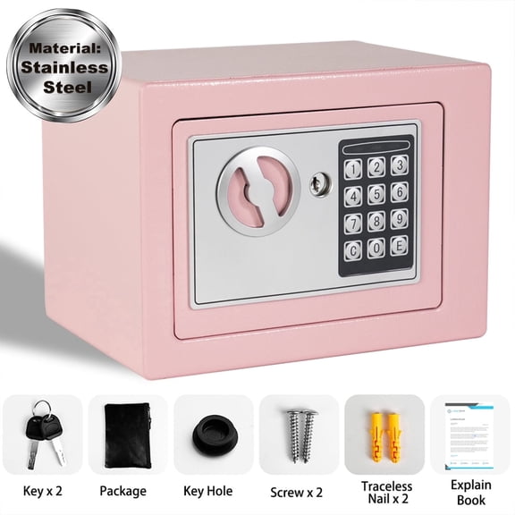 Digital Security Fireproof Safe Box Stainless Steel Anti-theft for Document Money Valuables, Pink