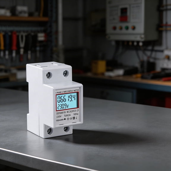 Digital Single Phase Energy Meter 80A, Din Rail Mount KWh Counter with LCD Backlight for Electricity Voltage and Current, White Color