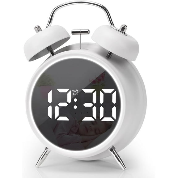 Digital Small Alarm Clock, Double Bell Electronic LED Alarm Clock, Plug in or Battery Operated Silent Metal Table Clock, Bedside Loud Bell Clock for Heavy Sleepers Adults Kids (White)
