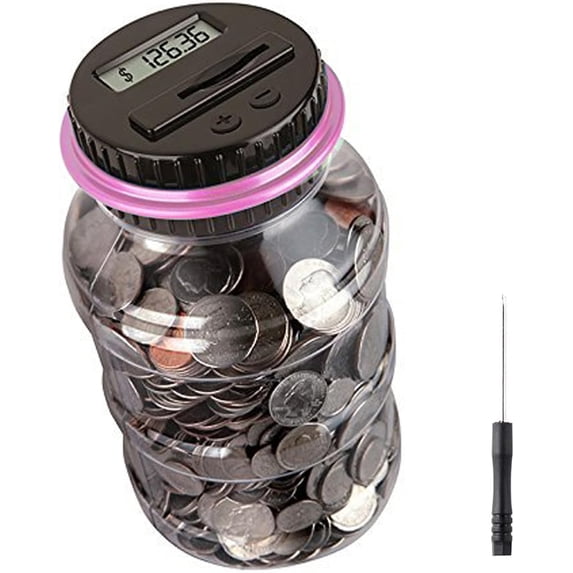 Digital Smart Coin Bank with Auto Counter & LCD Display,Transparent Savings Jar for All U.S. Coins (Dollars/Half-Dollars), Kids Money Jar(Pink)