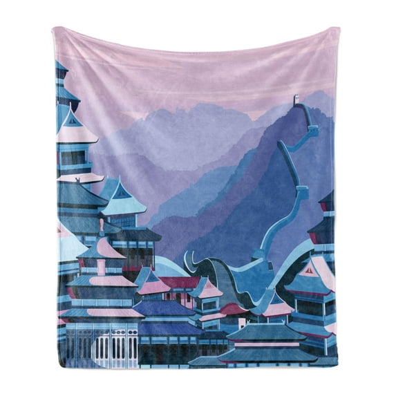 Digital Soft Flannel Fleece Throw Blanket, Digital Dated Popular Monument with Futuristic Effects Graphic Art, Cozy Plush for Indoor and Outdoor Use, 70" x 90", Navy Lavender, by Ambesonne