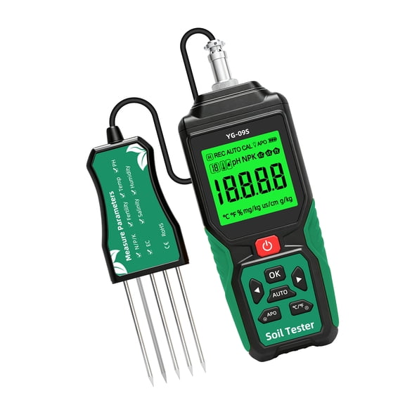 Digital Soil Tester for Garden Care, 9-in-1 Acidity Humidity Temperature NPK Conductivity Salinity Meter, LCD Readout, Auto Mode, Split Probe with 2 m Cable