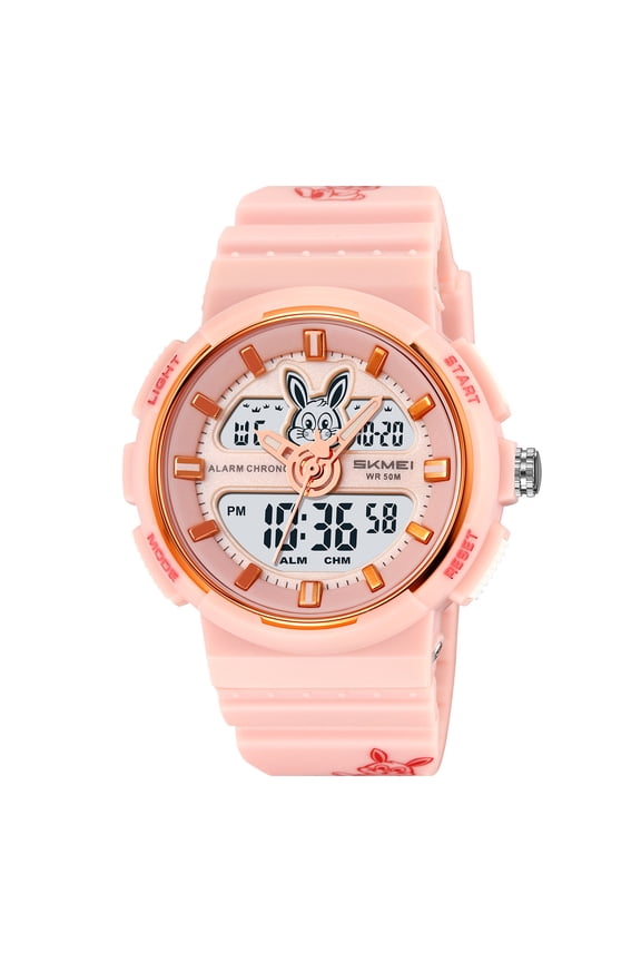 Digital Sport Watch for Men with LED Night Light Waterproof Design Alarm Stopwatch Multifunction Timepiece Cartoon Rabbit Dial Casual Watch Pink Color