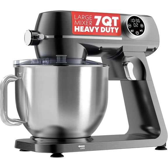 Digital Stand Mixer - 7 QT Tilt-Head Kitchen Mixer with LED Timer, 10 Speeds, Stainless Steel Bowl, Attachments Included, 800W, Silver