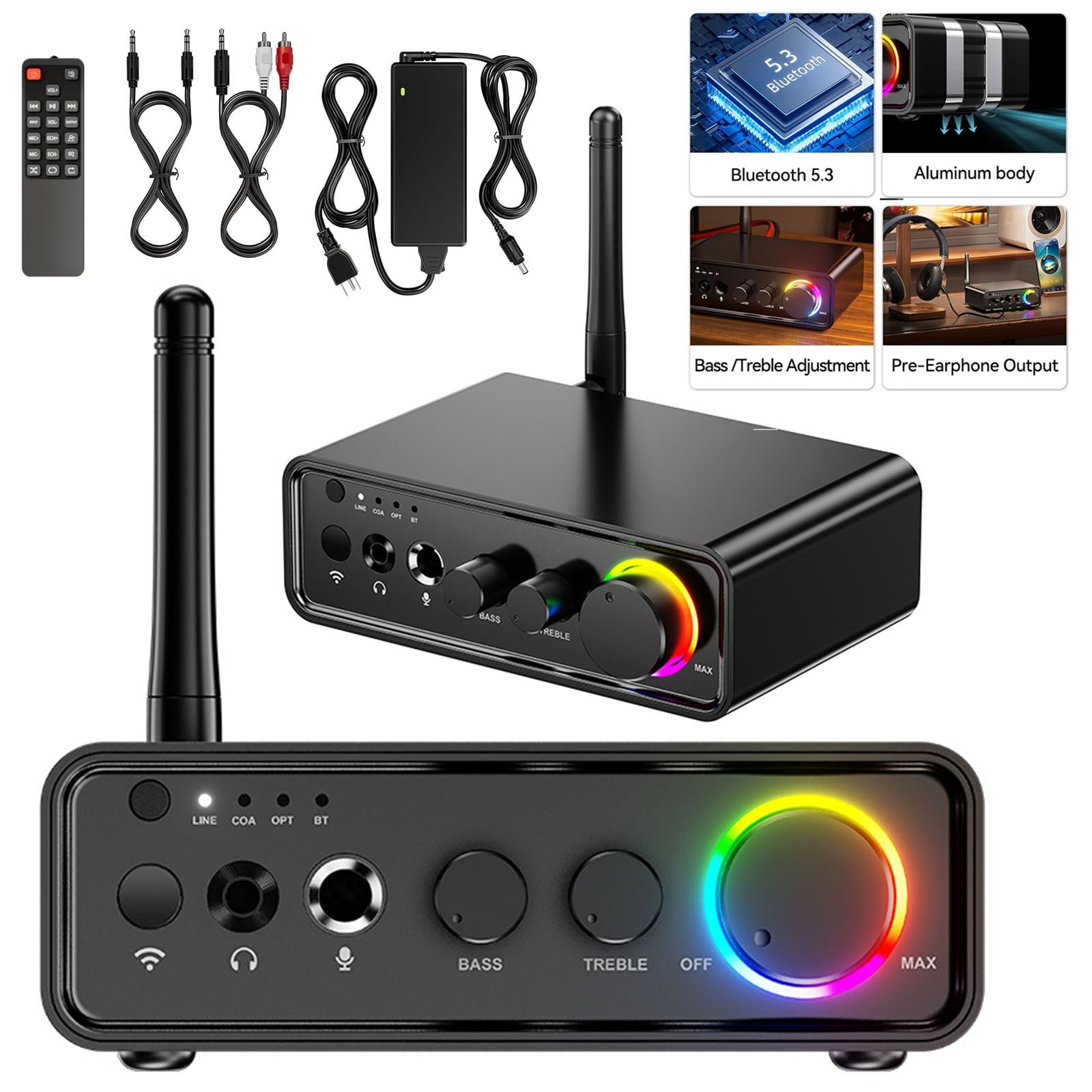 Haokaini Amplifier Stereo Receiver, 200W 2 Channel Hi-Fi Class D Amp, Wireless Bluetooth 5.3 Power Amplifier, Home Audio Component, for Passive Speaker, Black