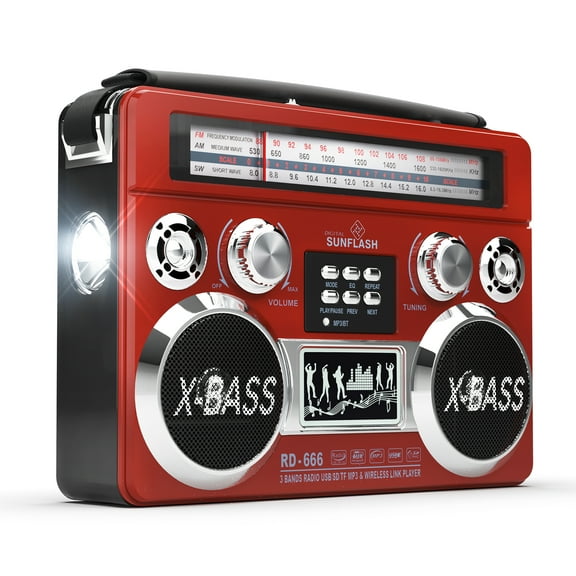 Digital Sunflash RD-666, Bluetooth, Battery-Powered, Retro Portable Radio, Flash Light, Red