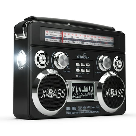 Digital Sunflash RD-666 Bluetooth Battery Torch Light Portable AM/FM Radios, Black