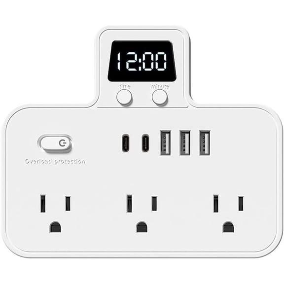 Digital Switch Surge Protector with Time Display Screen, 6 Ac Sockets, 3 USB Ports, 2 Type-C Mobile Phone Charging Ports (White)