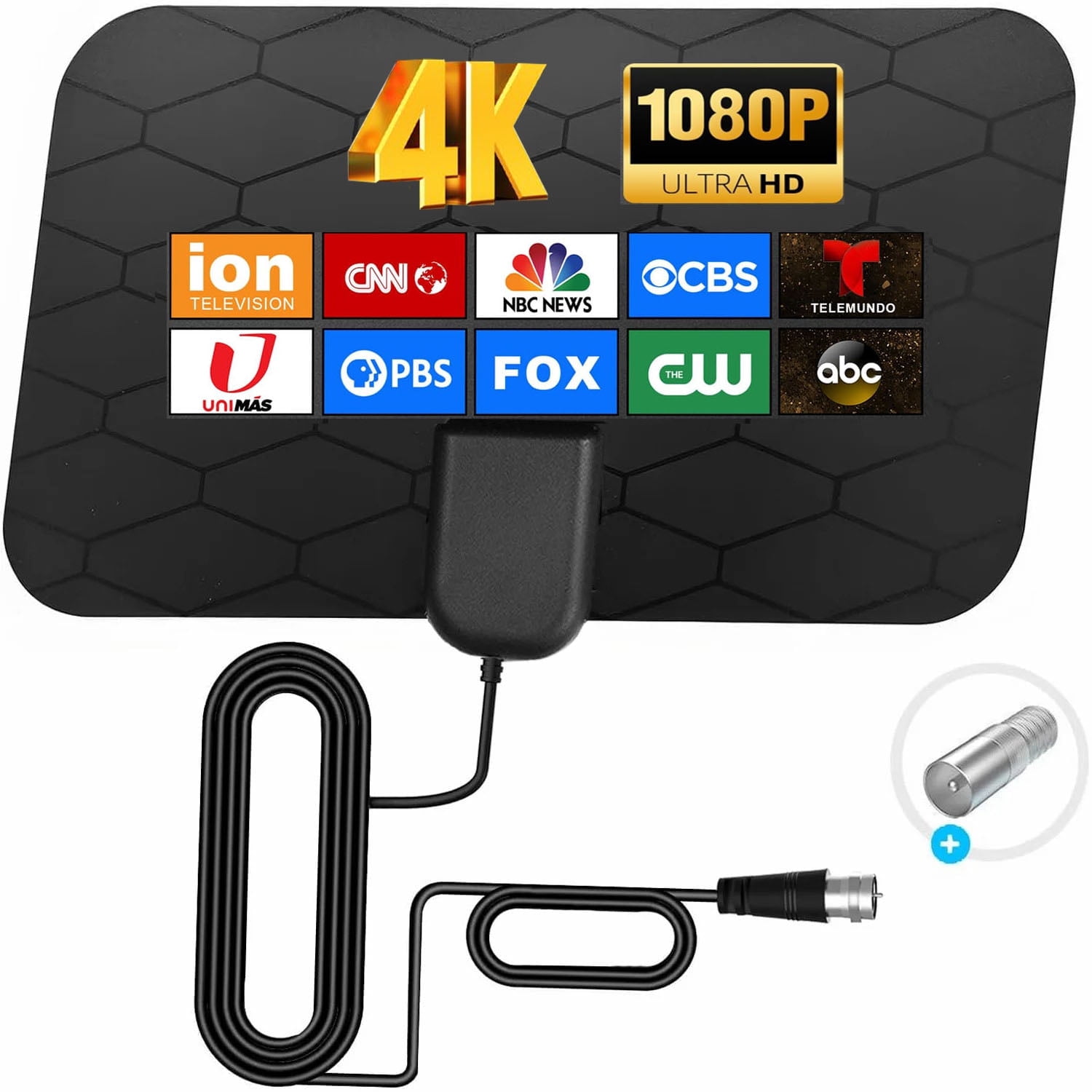 USTOP  Digital TV Antenna  with 360° Signal Booster Long 1000+ Miles Reception Support 4K 1080p Smart Television with 10ft Coaxial HDTV Cable  for  for free channels Local Channels