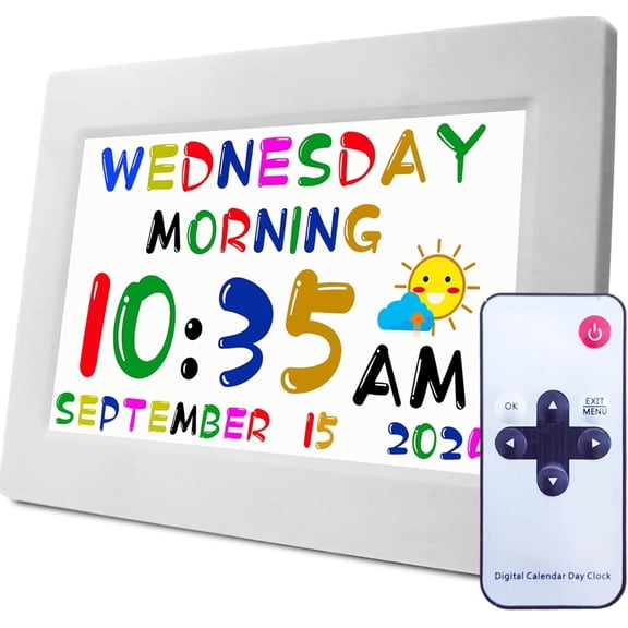 Digital Teaching Clock Talking Time, 24 Alarms Custom Reminders, Checklist to-Do List, Auto DST & Calendar Display, Sleep Trainer, Easy to Use for Kids Birthday Gift- White with Remote