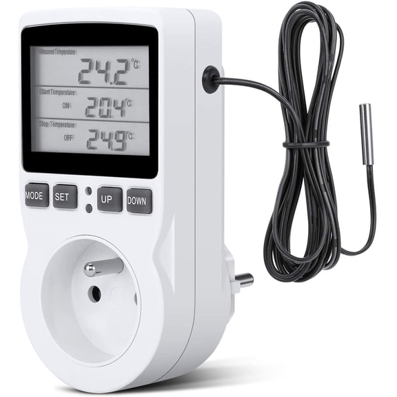 Digital Temperature Controller, Thermostat Socket Heating And Cooling Temperature Controller Lcd, 230V, Used For Greenhouse Temperature Controller/Ceramic Thermostat (Fr Socket)