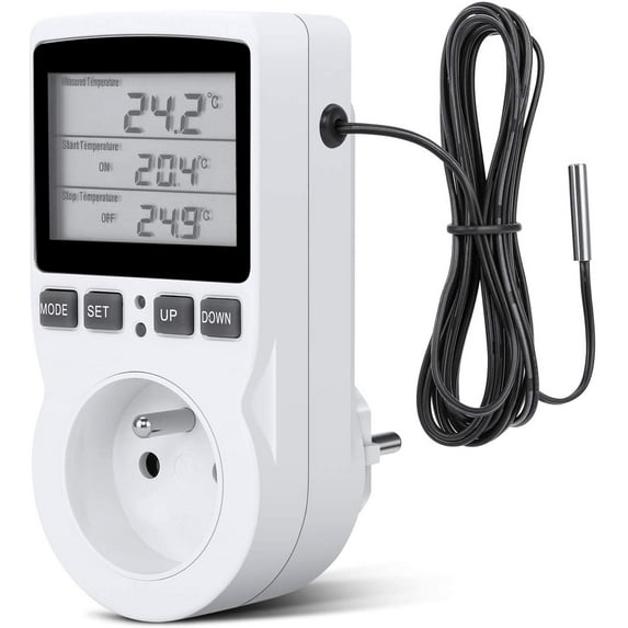 Digital Temperature Controller, Thermostat Socket Heating And Cooling Temperature Controller Lcd, 230V, Used For Greenhouse Temperature Controller/Ceramic Thermostat (Fr Socket)