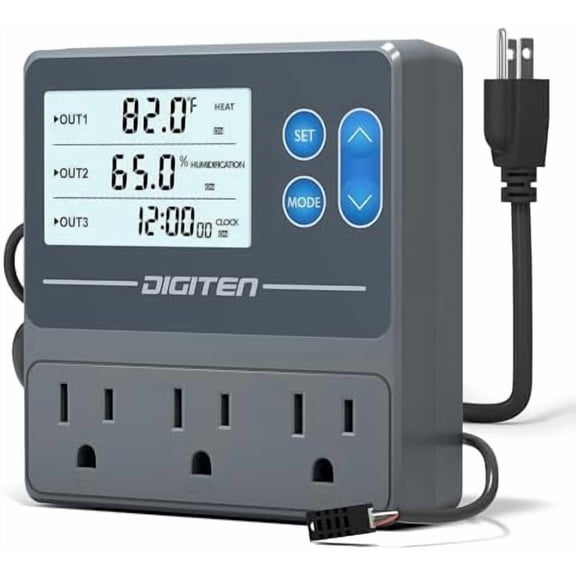 Digital Temperature Humidity Controller Pre-Wired Outlets for Mushroom, Reptile, Heating/Cooling On Outlet 1, Humidifier/Dehumidifier On Outlet2, Timer On Outlet 3$$Tools