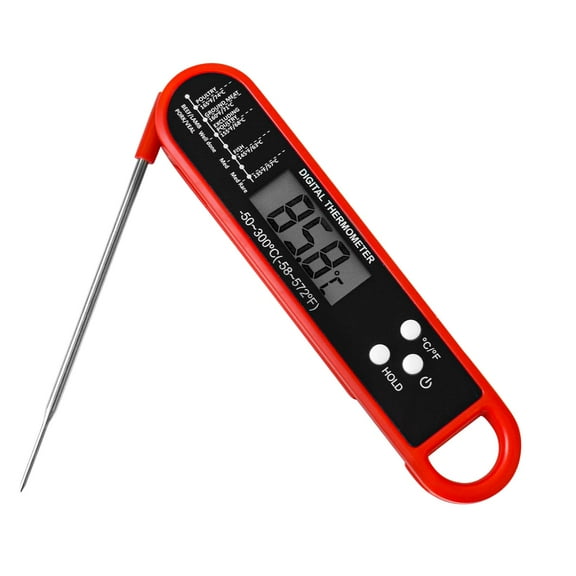 Digital Thermometer for Cooking Food and Meat. Waterproof & Instant Read for Kitchen Baking, BBQ. with Foldable Probe, Backlight & Calibration (Red)
