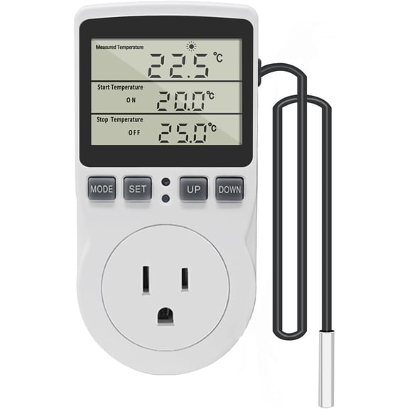 Digital Thermostat Outlet Plug Temperature Controller Outlet Socket 120V Heating Cooling Control 110V 15A Celsius Fahrenheit Display White