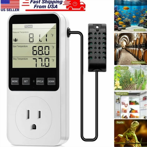 Digital Thermostat Temperature Humidity Controller Outlet Plug With Alarm 120V