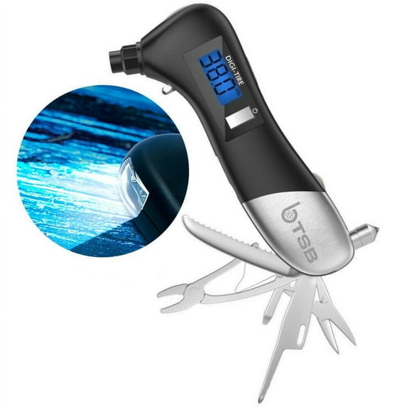 Digital Tire Air Pressure Gauge w/ Flashlight Multi-Tool Emergency Hammer Set for Auto Car Bikes, Tire Pressure Reader, Pressure Meter