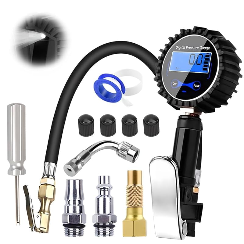 Digital Tire Inflator with Pressure Gauge,2025 Heavy Duty Air Chuck and Compressor Accessories with Rubber Hose and Quick Connect 250 PSI,0.1 Display Resolution (Set B)