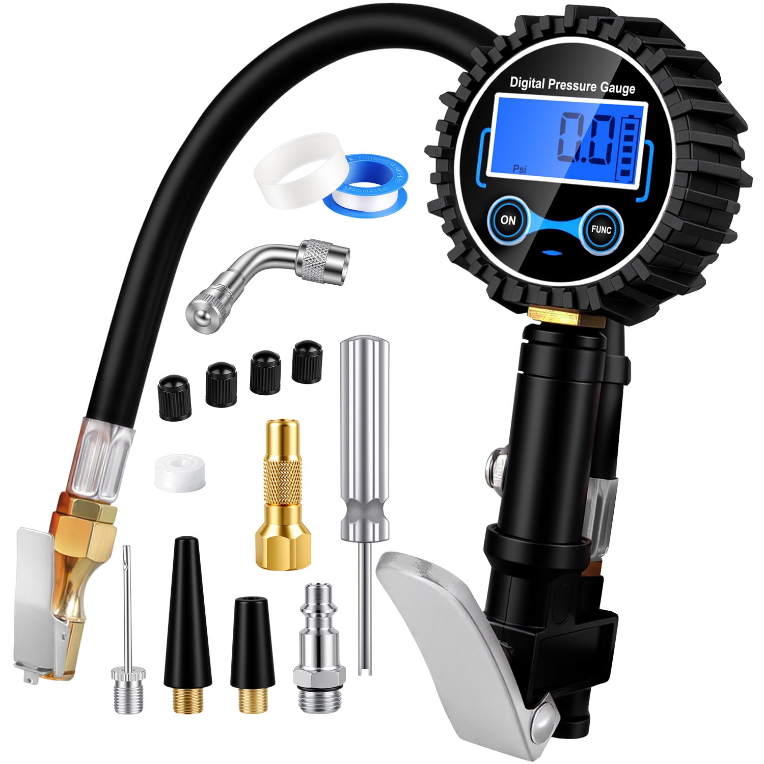 Digital Tire Inflator with Pressure Gauge, FiveBox 200 PSI Heavy Duty Air Compressor Accessories with 360° Air Chuck & Extended Hose and Quick Connect Coupler for Motorcycle/Truck/RV/SUV