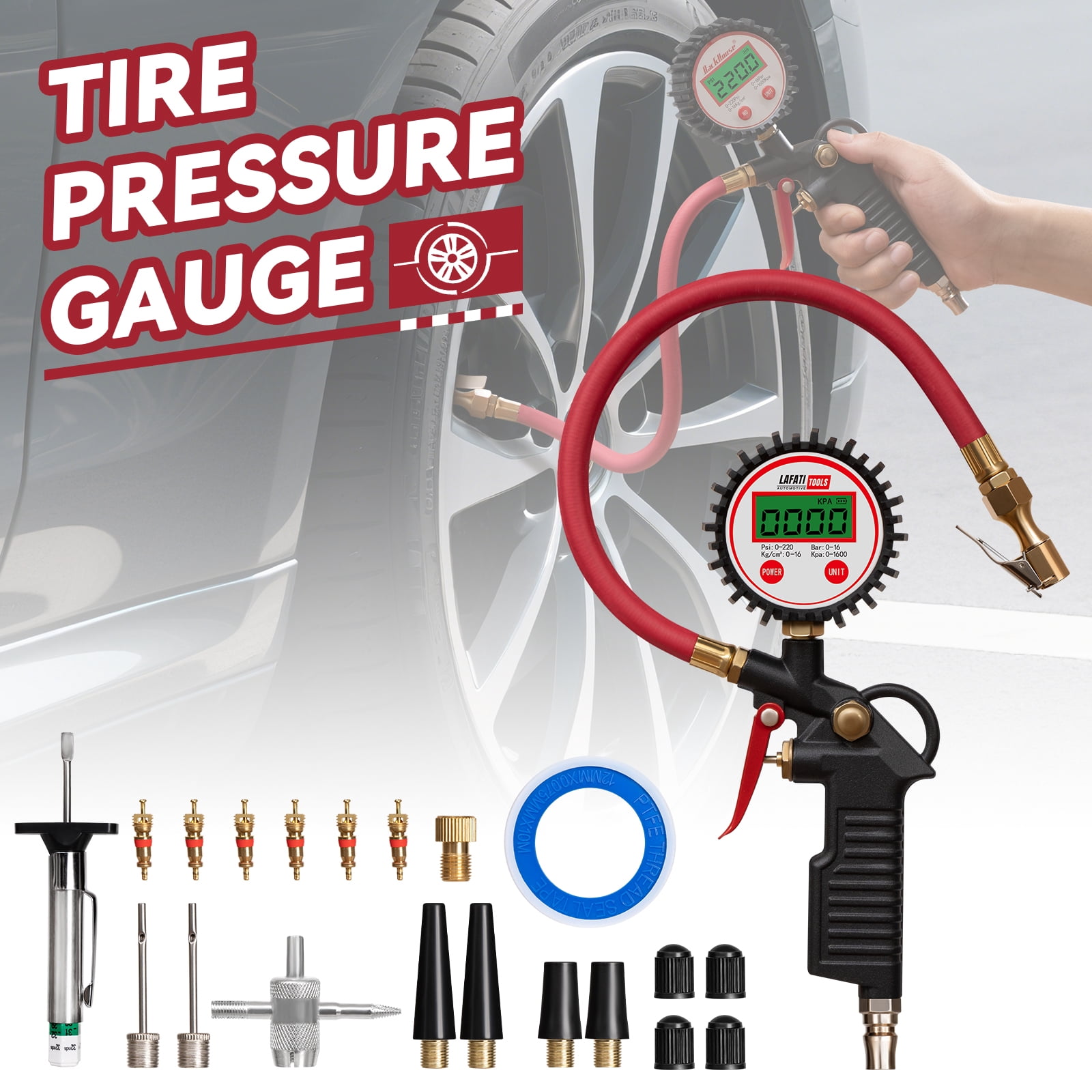 Digital Tire Inflator with Pressure Gauge, 0-220 PSI Tire Gauge with Air Compressor Accessories,0.1 PSI Resolution,Air Pressure Gauge for Cars, RV ,Motorcycle,Bicycle.
