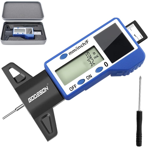 Digital Tire Tread Depth Gauge  3 Modes-Fraction/Inch/MM Display, Solar & Battery Hybrid,1 (25.4mm/32NDS) Range, Blue Tire Wear Measure Tool for All Vehicles (Car, Truck, SUV)