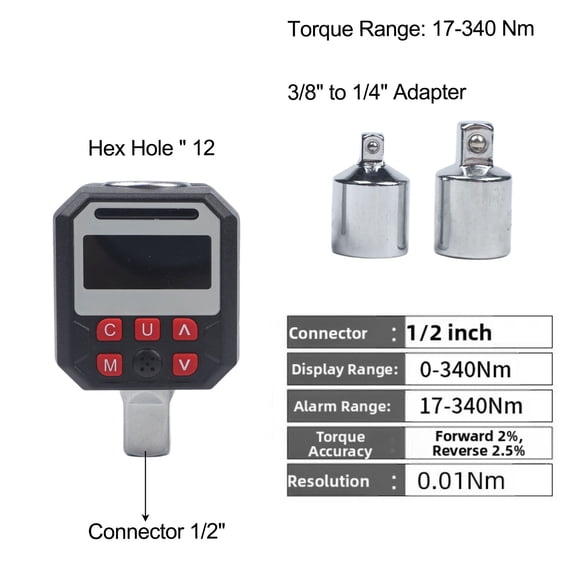 Digital Torque Adapter 1/2 Inch Drive with LED Display, 1.5-340 Nm Range, Audible Alert for SAE and Metric Units, Peak and Trace Mode for Ratchet Wrench Testing Tool Black