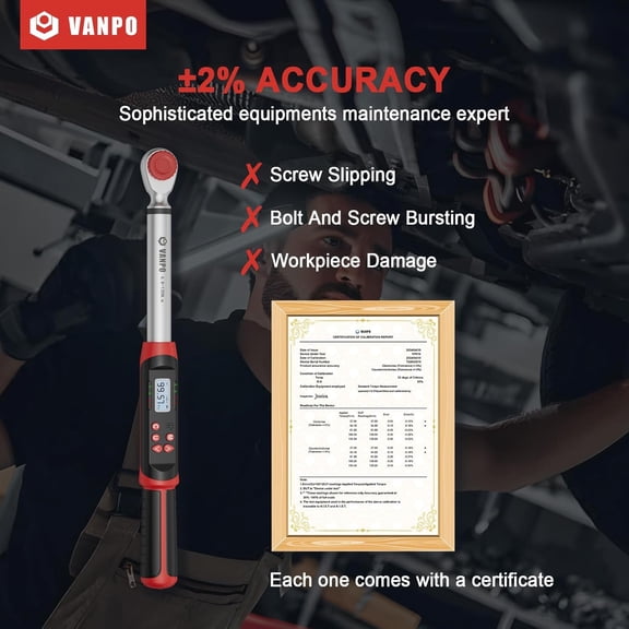 Digital Torque Wrench 1/2-Inch Drive 5-99.5 ft-lbs./6.8-135Nm, Electronic Torque Wrench with Preset Value, Buzzer and LED Notification, 2% Accuracy for Moto, Car