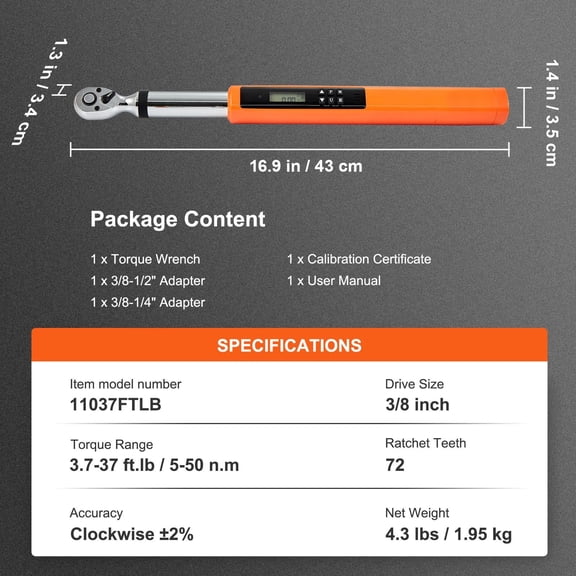 Digital Torque Wrench 3.7-37 ft lb 5-50 Nm 3/8" Drive Electronic Torque Wrench Kit with LED Buzzer Calibration 3 Mode Adjustable Accurate to 2 Percent