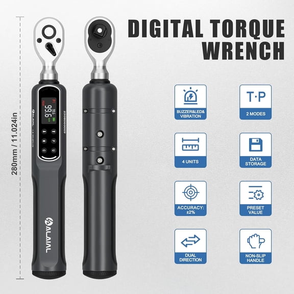 Digital Torque Wrench 3/8 Drive, 1.5-99.6 Ft.Lb/2-135 Nm Dual Direction Rachet Wrench with Vibration, Buzzer and LED Alert, Electronic Torque Wrench for Bike Motorcycle Car Repair