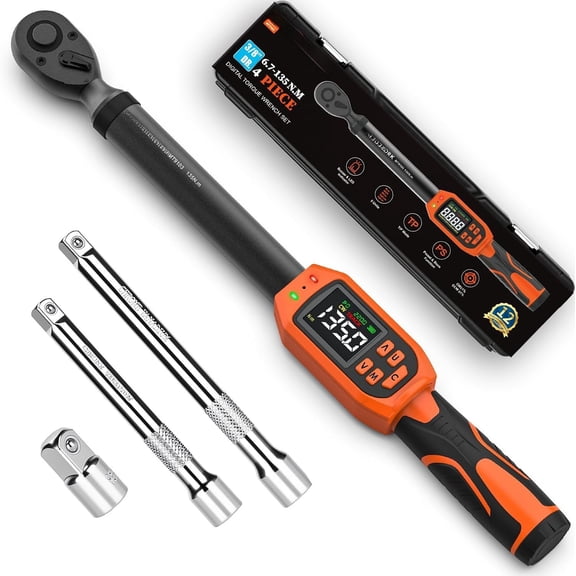 Digital Torque Wrench 3/8" Drive, (5-99.5 Ft.Lb/6.7-135Nm), +-1% Accuracy Electric Torque Wrench Digital with 2 Extension Bars, Buzzer and LED Flash Alert, for //Auto Repair