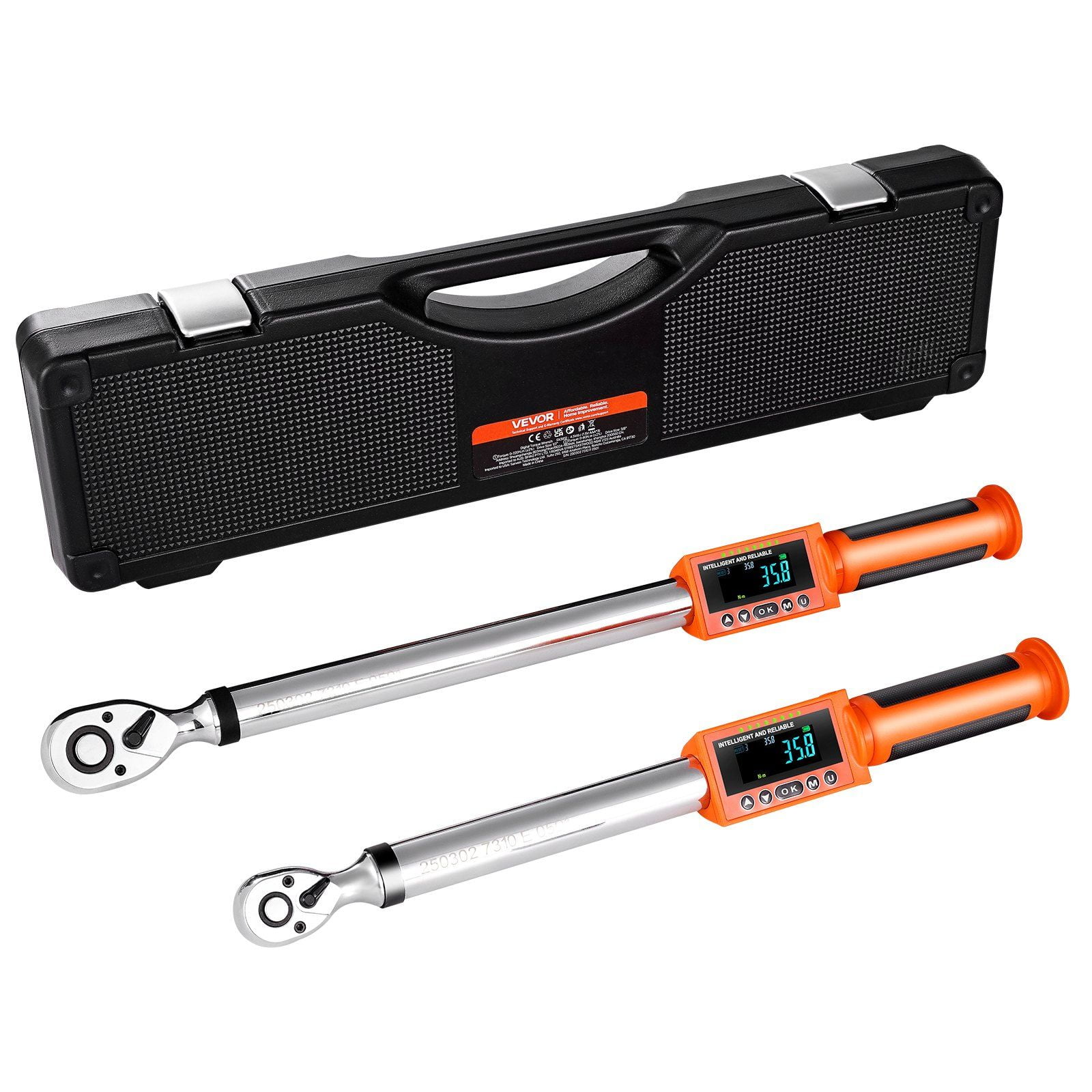 Digital Torque Wrench Set 2 Pcs 1/2 3/8 Inch Drive 72 Tooth 2% High Accuracy Electronic Torque Wrench with Preset Value Buzzer LED Notification for Automotive Motorcycle