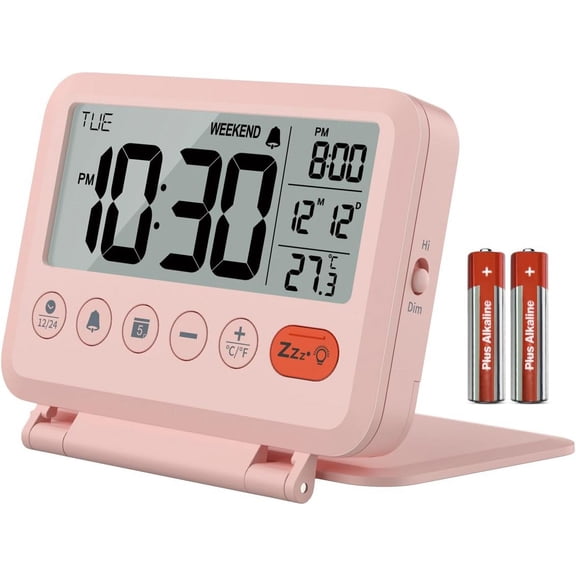 Digital Travel Alarm Clock - 3.54 inch LCD Display, 9-Minute Snooze, 2 Volume Levels, Backlight, Battery Included (Pink)