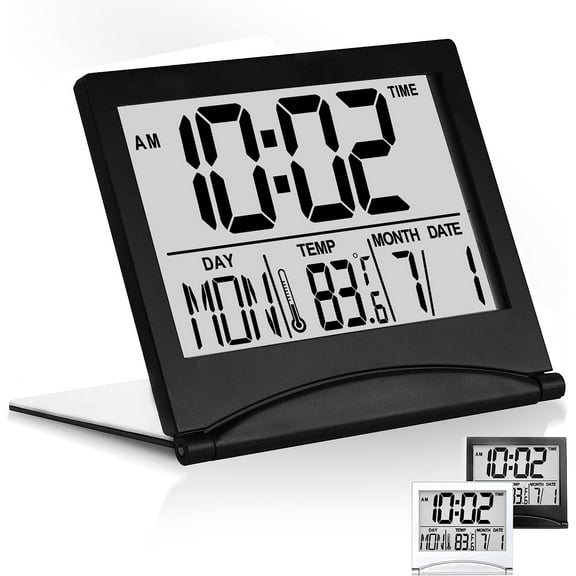 Digital Travel Alarm Clock – Foldable Calendar, Temperature & Timer with Snooze – Large Number Display, Battery Operated – Compact Desk Clock for Home & Office (Black)