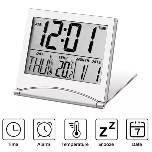 Digital Travel Alarm Clock With Large LCD Display, Silent Operation, Temperature Monitor, Lightweight Portable Design For Bedroom, White
