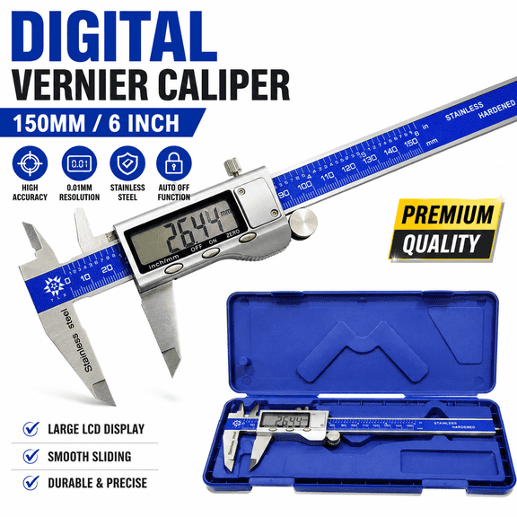 Digital Vernier Caliper 6 Inch (150mm) Stainless Steel Electronic Measuring Tool with Large LCD Display, 0.01mm Resolution, Inch/MM Conversion, Auto-Off, Locking Screw & Storage Case