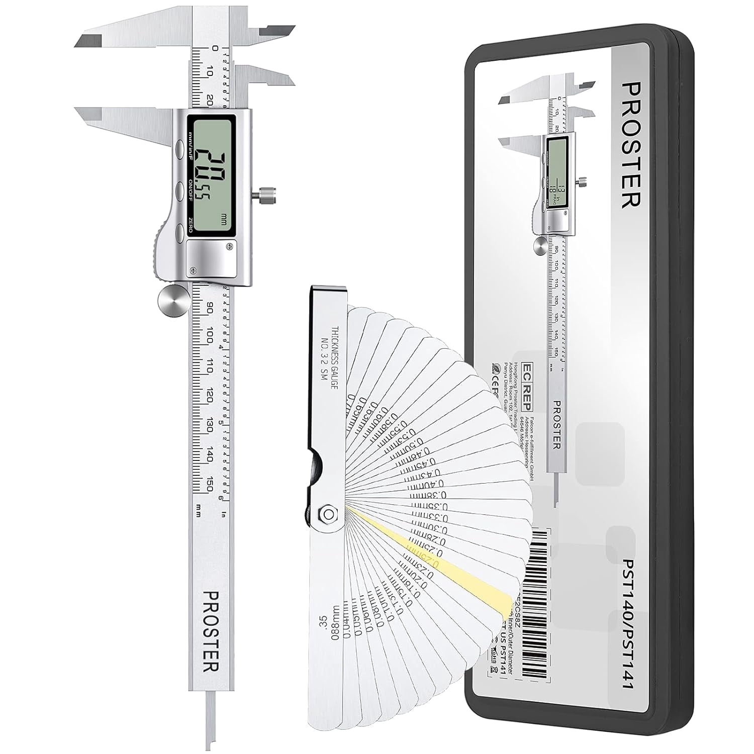 Digital Vernier Caliper 6inch 150mm - Electronic Caliper Fraction/Inch/Metric Dial Caliper for Length Width Depth Inner Outer Diameter, with 32 Feeler Gauges