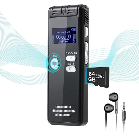 Digital Voice Activated Recorder,64GB Audio Recorder with Playback, Noise Reduction, 3072Kpbs HD Dual MIC Tape, Store 1024 Hours of Documents Voice Activated Recorder for Interviews/Meeting/Classes