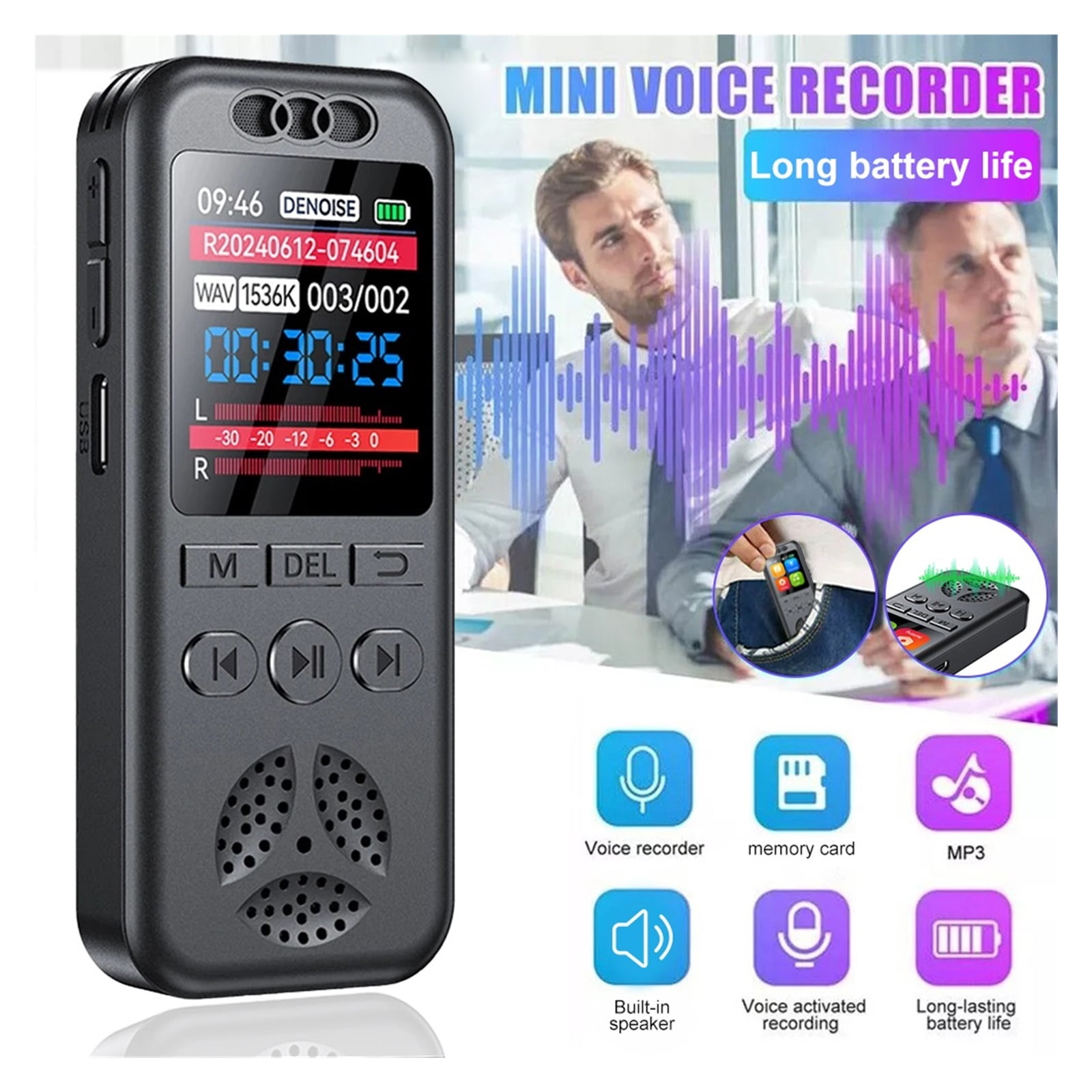 Digital Voice Recorder Voice Activated Recording Noise Reduction with MP3 Music Player WAV Sound