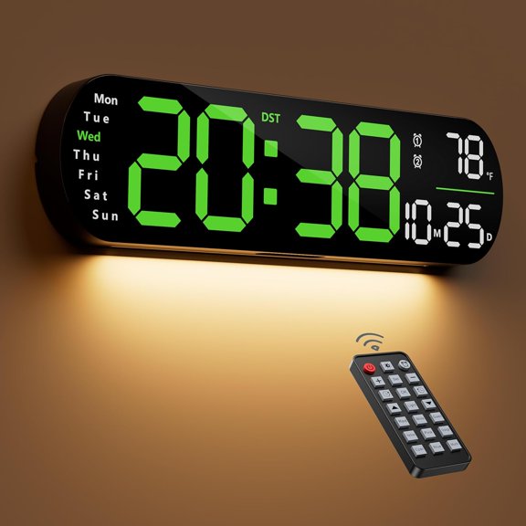 Digital Wall Clock, 13" Large Display Digital Clock with Remote Control, Auto-Dimming Wall Clock with Night Light, DST, Date Week,Temp for Living Room, Bedroom, Decor,  for