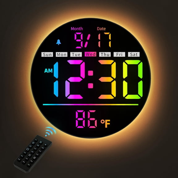 Digital Wall Clock, 8'' Round Digital Clock with Large Display, 11RGB Colors,Remote Control, Auto-Brightness,Temperature,DST,Night Light, Alarm, Count Down Timer for Classroom/Bedroom/Office