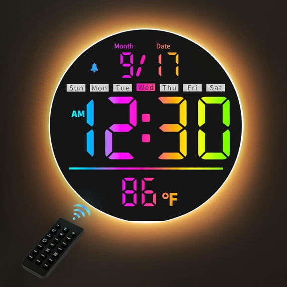 Digital Wall Clock, 8'' Round Digital Clock with Large Display, 11RGB Colors,Remote Control, -Brightness,Temperature,DST,Night Light, , Count Down Timer for Classroom//Office
