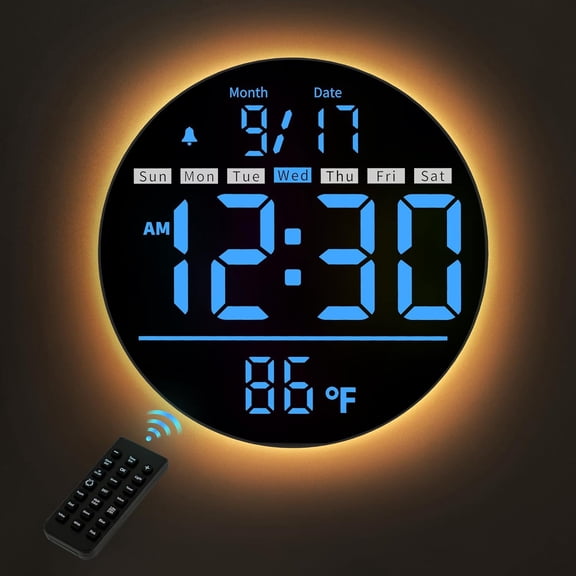 Digital Wall Clock, 8'' Round Digital Clock with Large Display, 11RGB Colors,Remote Control, -Brightness,Temperature,DST,Night Light, , Count Down Timer for Classroom//Office